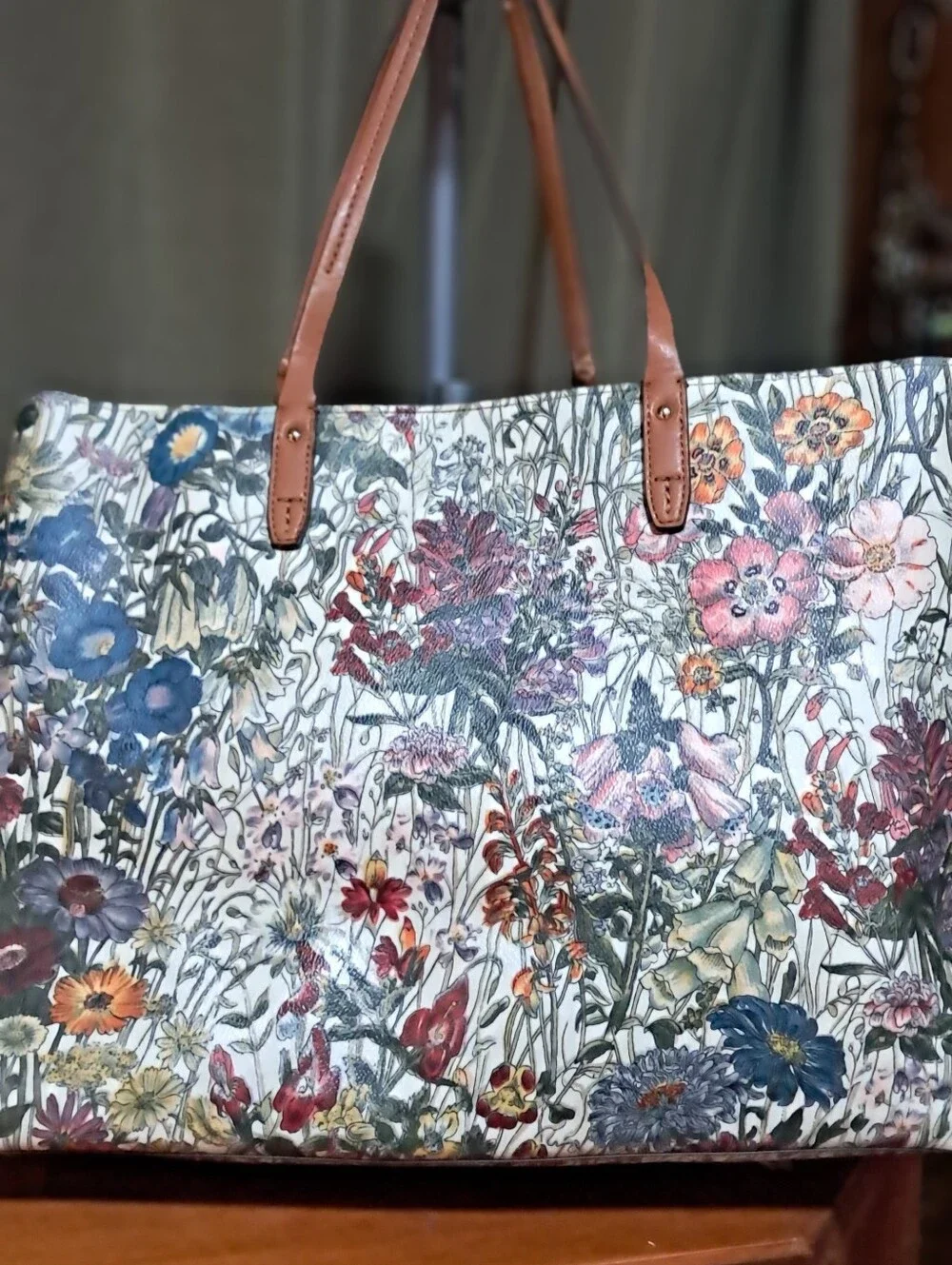 TORY BURCH Floral Print Tote and Pouch Set with Tan Trim
